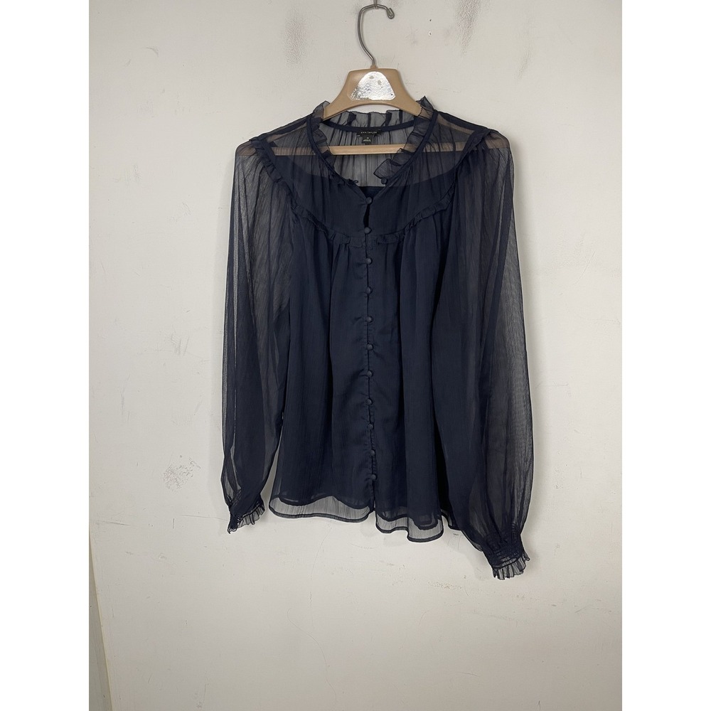 Ann Taylor Womens‎ XL Black Sheer Ruffle Mock Neck Long Sleeve Blouse Top - Picture 2 of 9